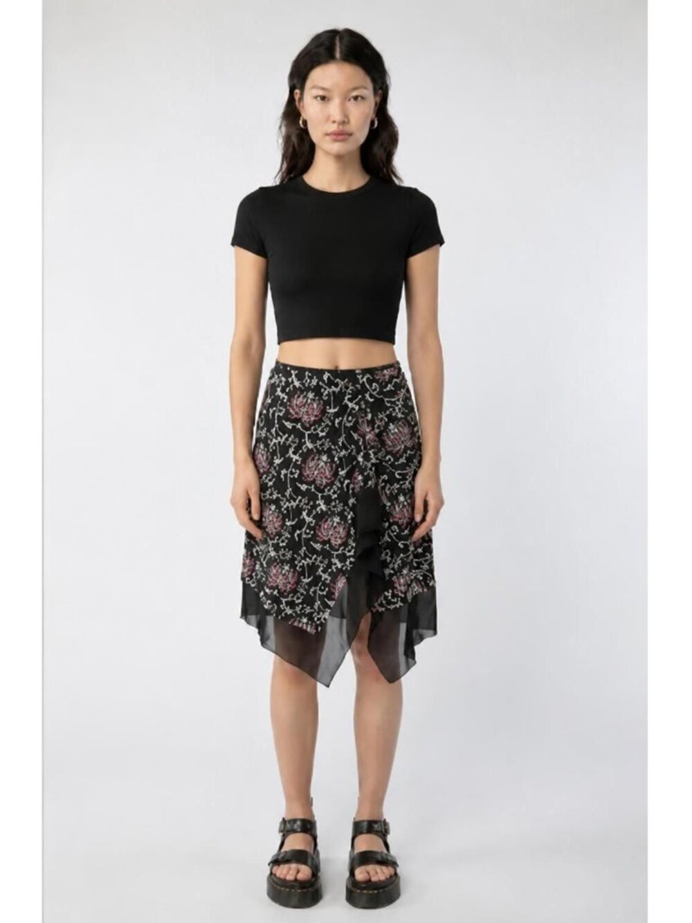 Vivienne Tam vintage 1990s y2k lotus flower print mesh ruffle skirt